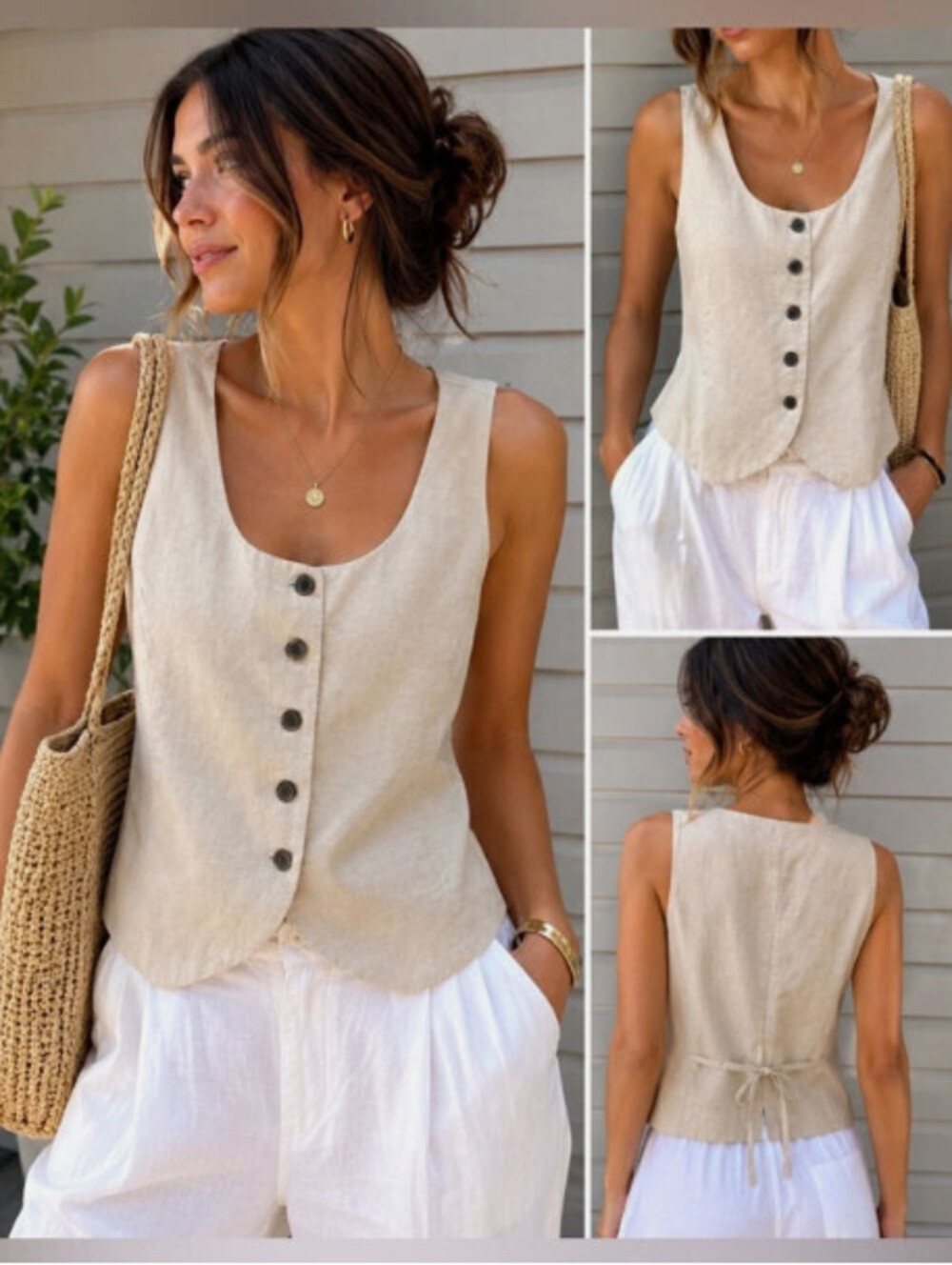 GAP Linen Blend Neutral Cottagecore Coastal Capsule Button Front Vest Size XL